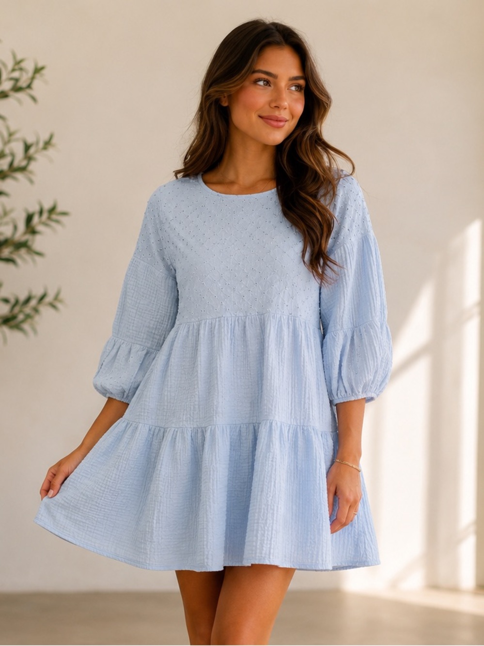 Zara Blue Eyelet Embroidered Tiered Puff Sleeve Mini Dress XS
